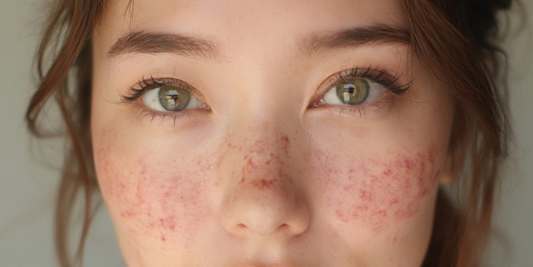 Redness of the cheeks and nose on a face that needs skin care for rosacea.