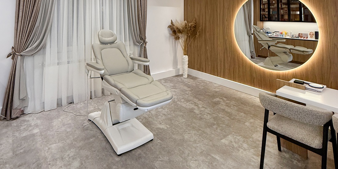 A comfortable aesthetic chair is ready for skin treatments today.