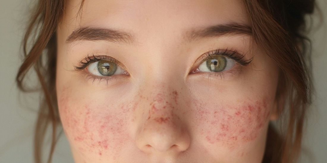Woman with redness and dry skin changes on the face.